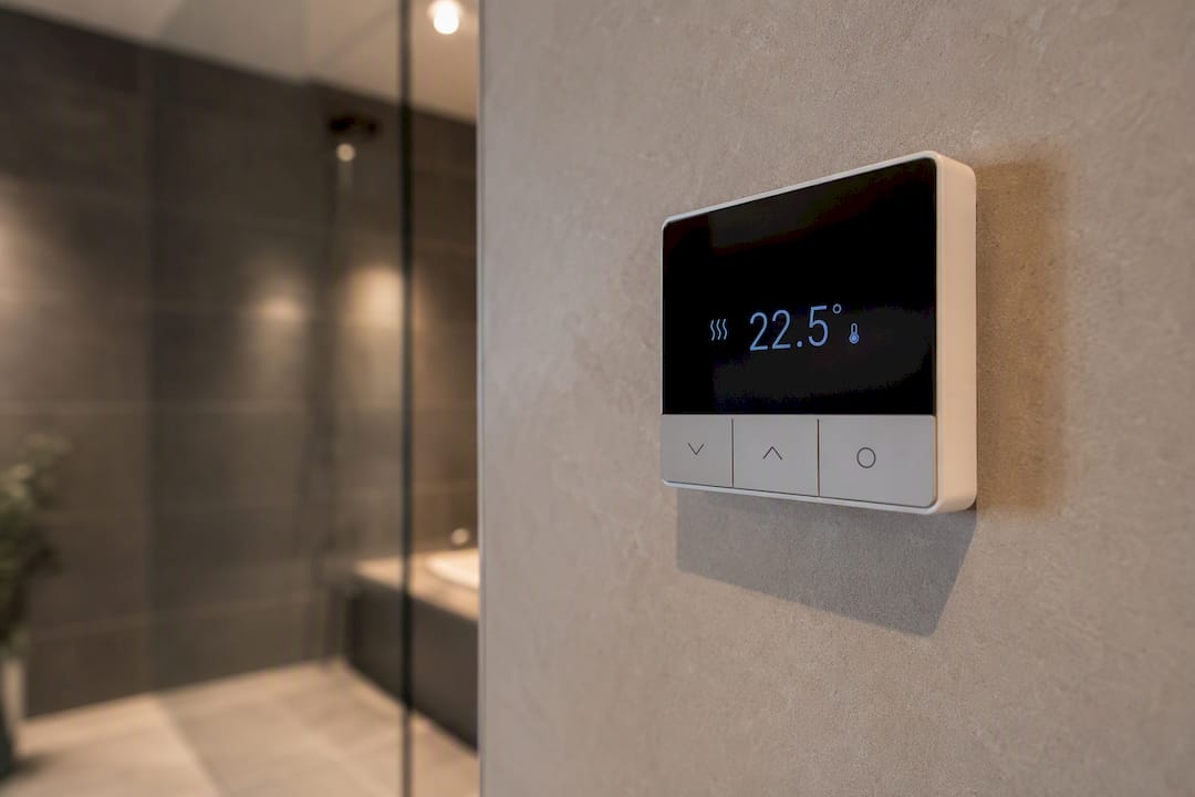 Close-up of bathroom thermostat for heated floors