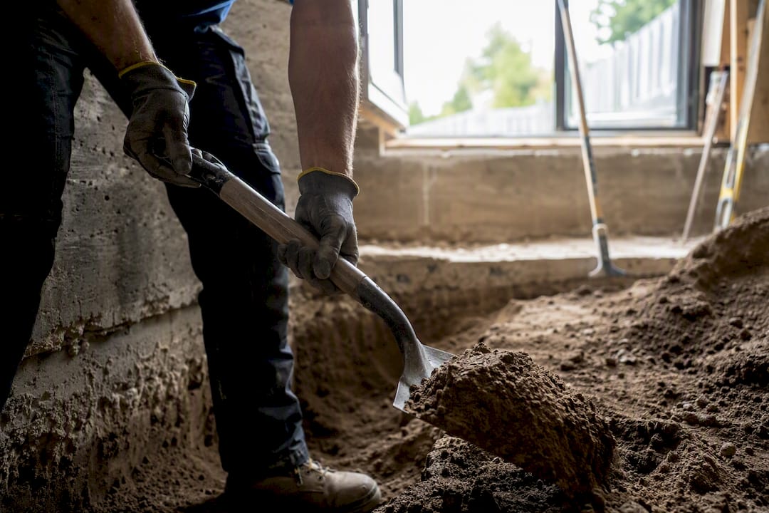 Hands shoveling soil during basement excavation