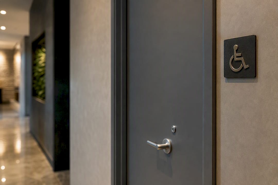 Accessible washroom signage on door
