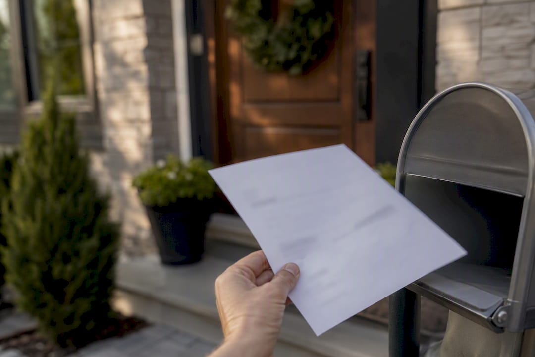 Hand holding property tax statement envelope