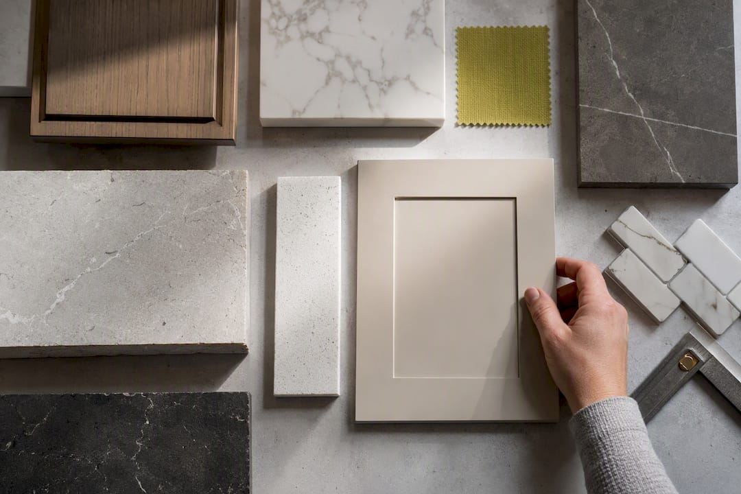 Quartz and cabinet finish samples for kitchen renovation