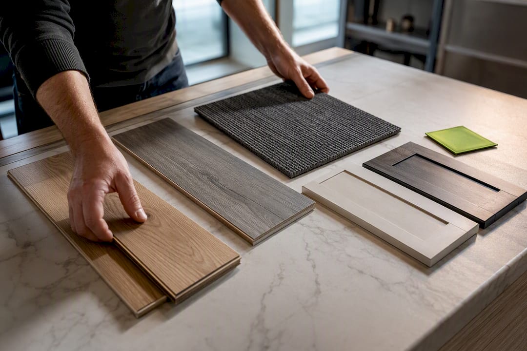 Flooring and cabinetry samples for office retrofit