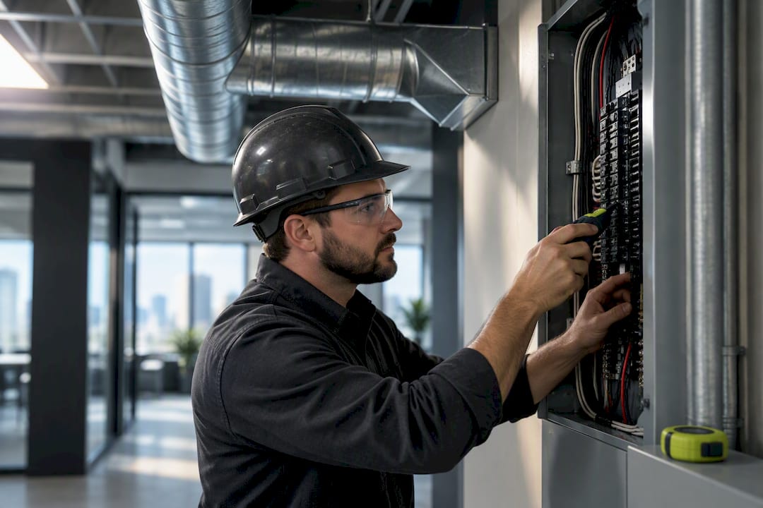 Electrician inspecting office electrical and HVAC systems