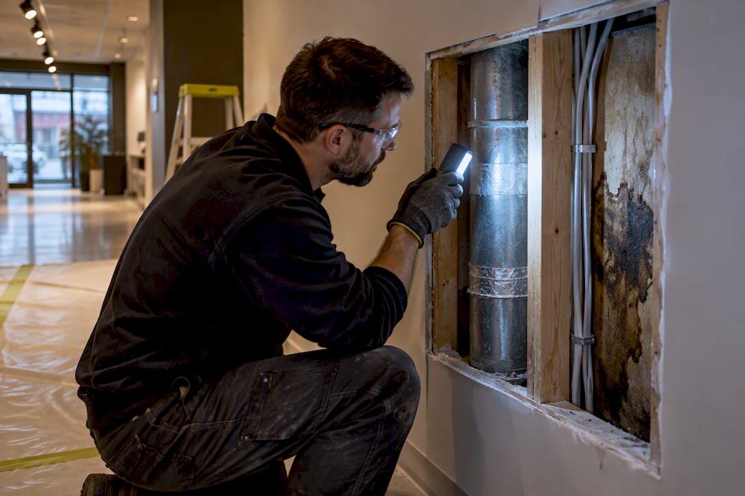 Exposed wiring and ductwork behind commercial wall