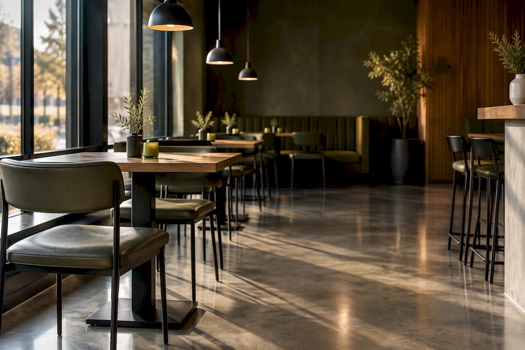 Polished concrete restaurant interior with simple lighting