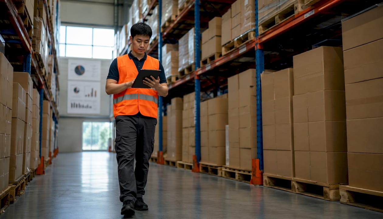 Empleado de logística gestionando inventario con una tablet en el almacén