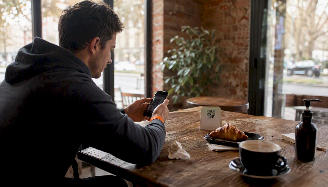 Cliente accediendo a la cola de la terraza mediante un código QR