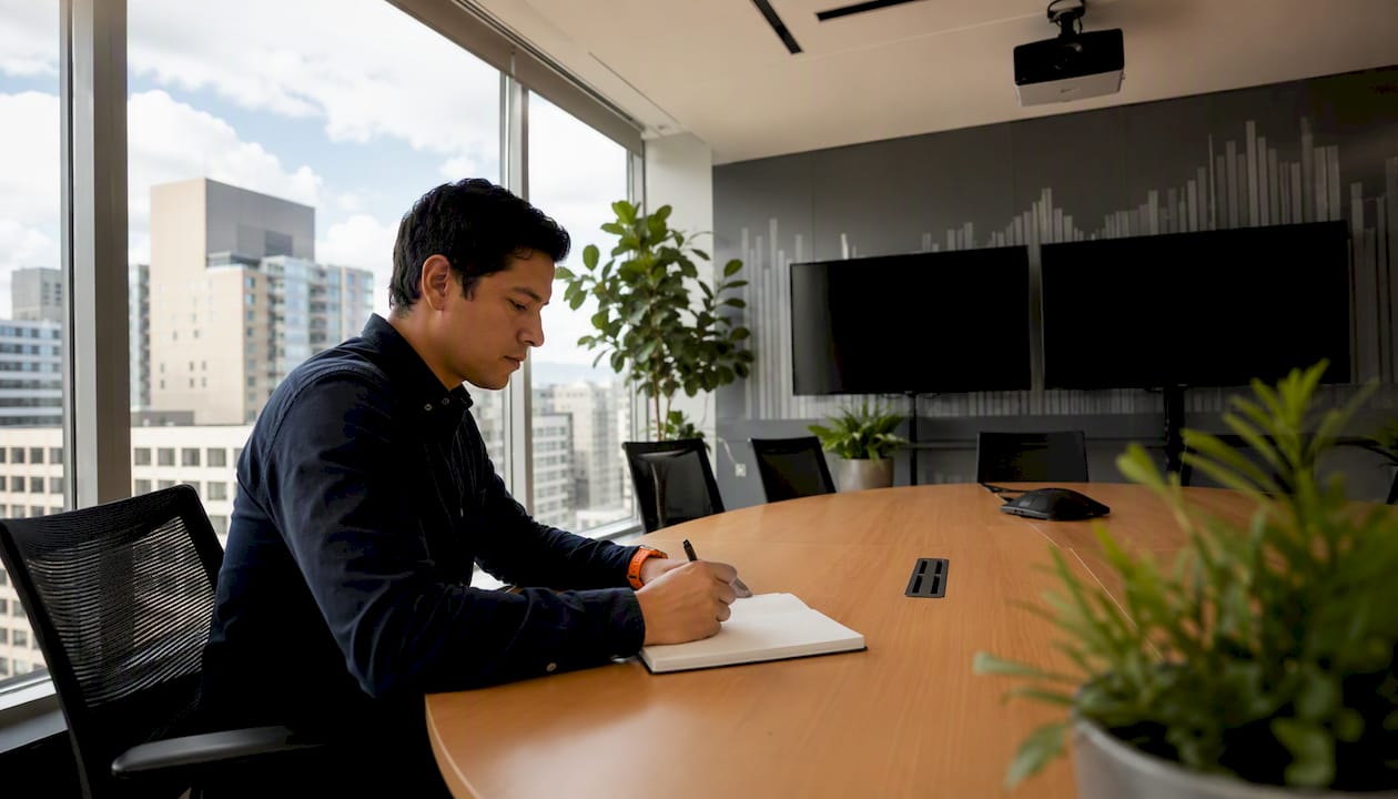 Profesional analizando datos y planificando estrategias en una oficina moderna
