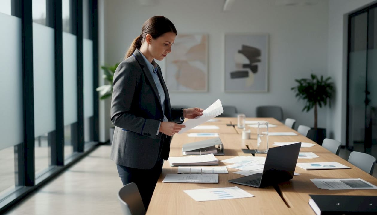 Woman reviewing compliance documents in office