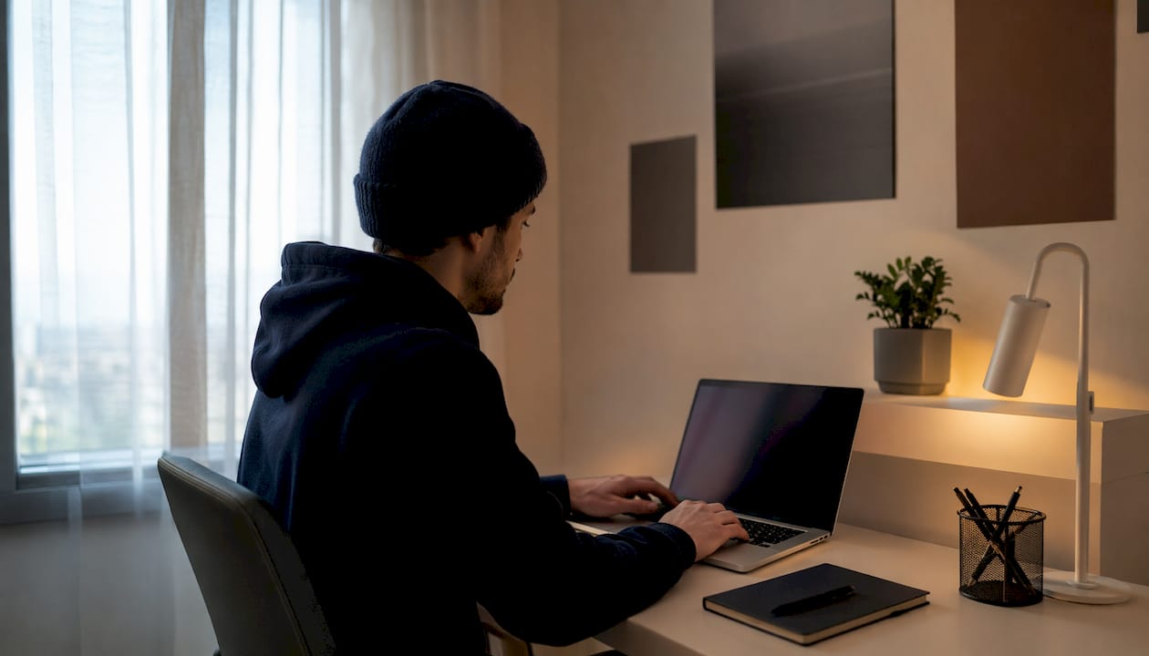 Developer working at startup desk on no-code AI platform