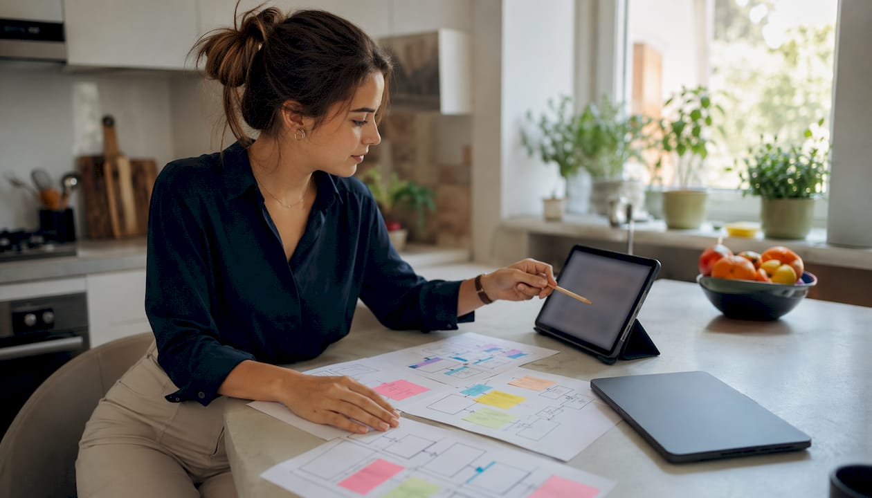 Founder planning AI SaaS workflow with notes and tablet