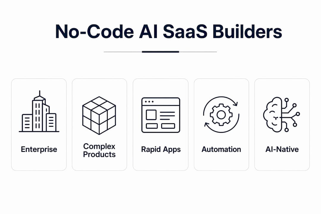 Infographic showing categories of no-code AI SaaS builders with hierarchy