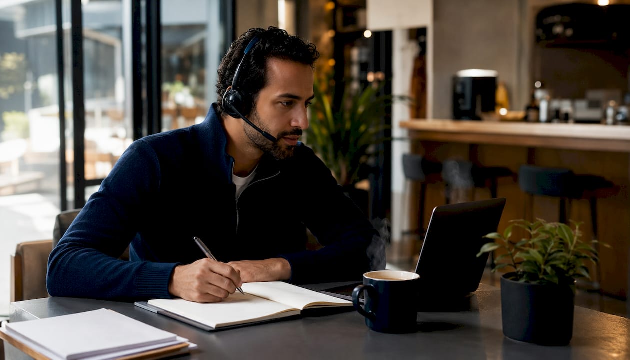 Product manager reviewing sales call notes at desk
