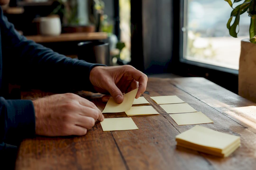 Hands prioritizing technical debt notes on desk