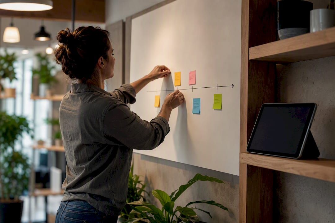 Hands arranging rollout timeline tags