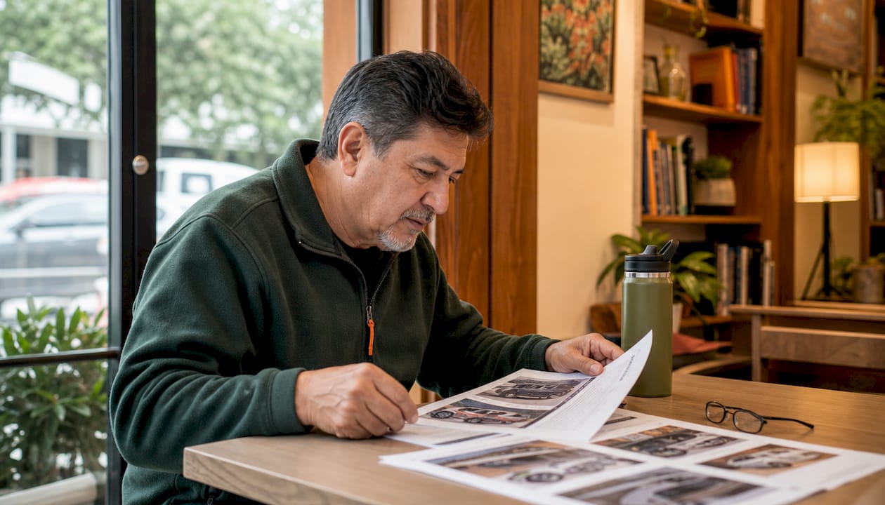 Caregiver reviewing senior transport brochures