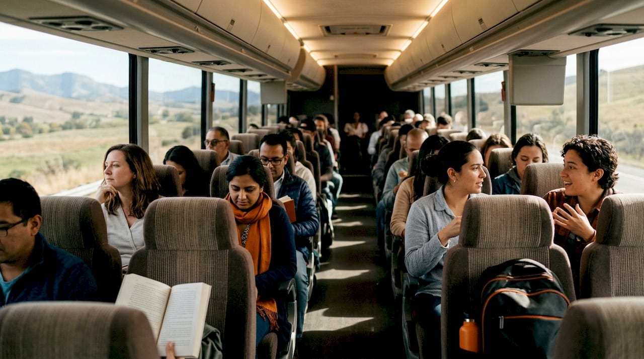 Passengers inside cross border travel bus