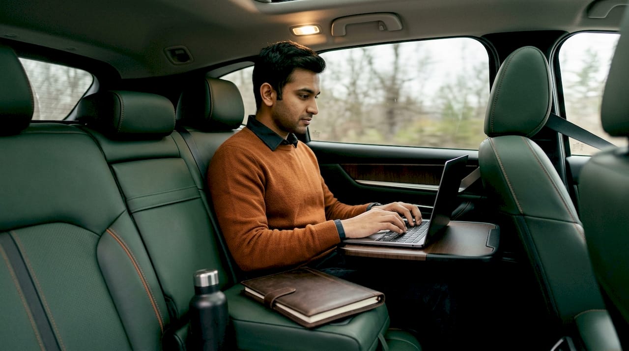 Passenger working inside luxury car interior