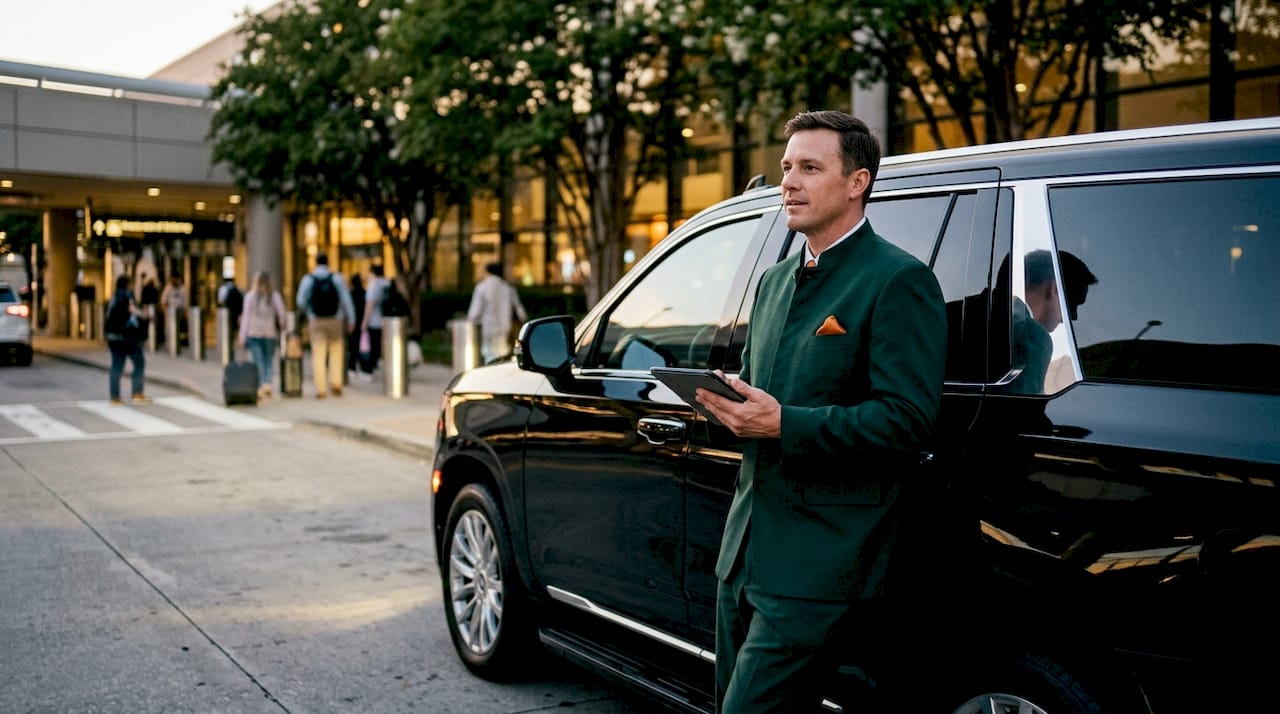 Airport driver waiting by vehicle for pickup