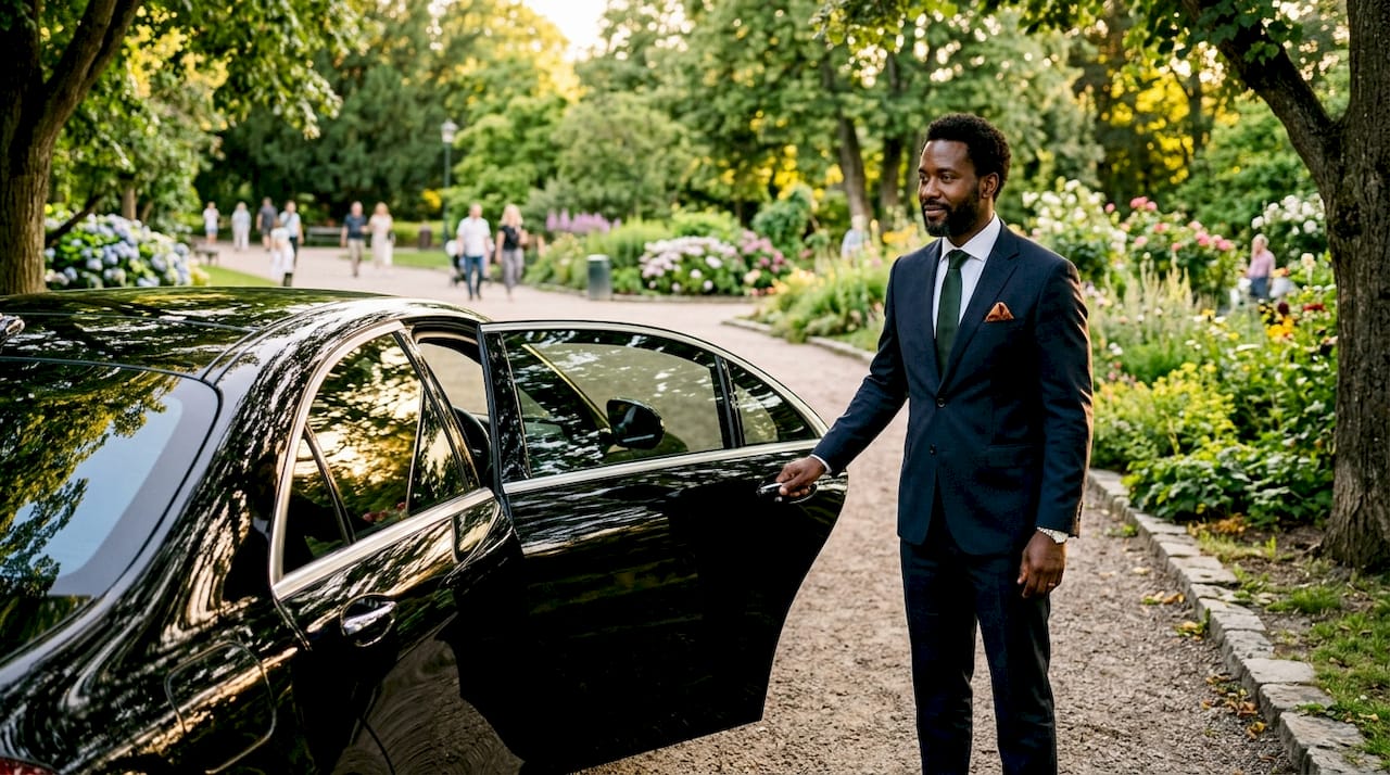 Chauffeur waiting beside luxury sedan outdoors