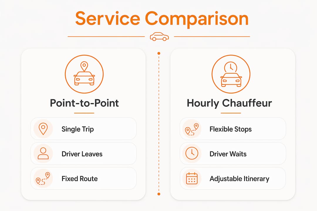 Infographic comparing point-to-point and hourly chauffeur services