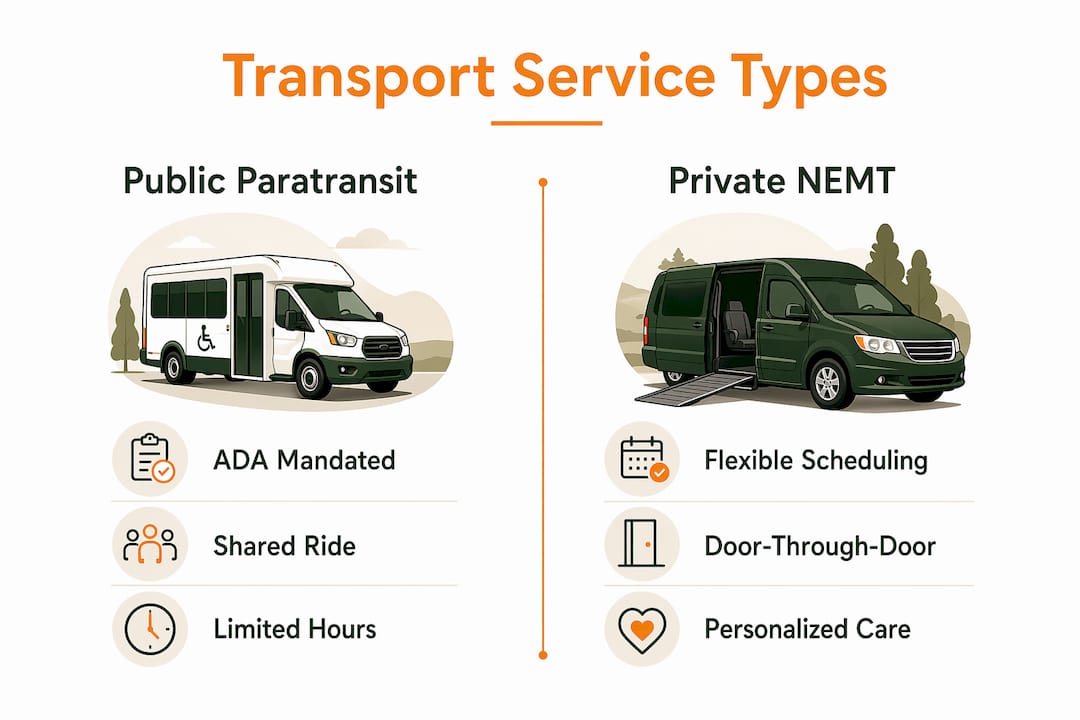Infographic comparing public paratransit and private NEMT services