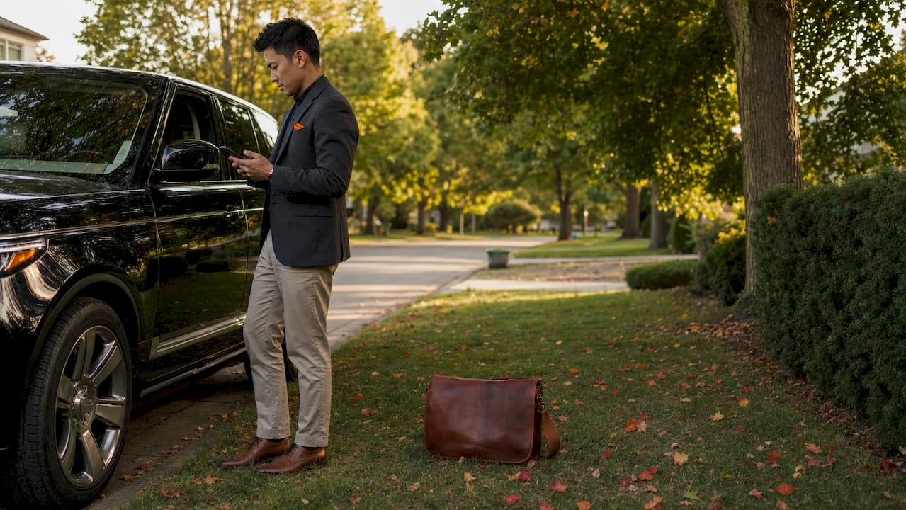 Personal driver checking schedule on smartphone outdoors