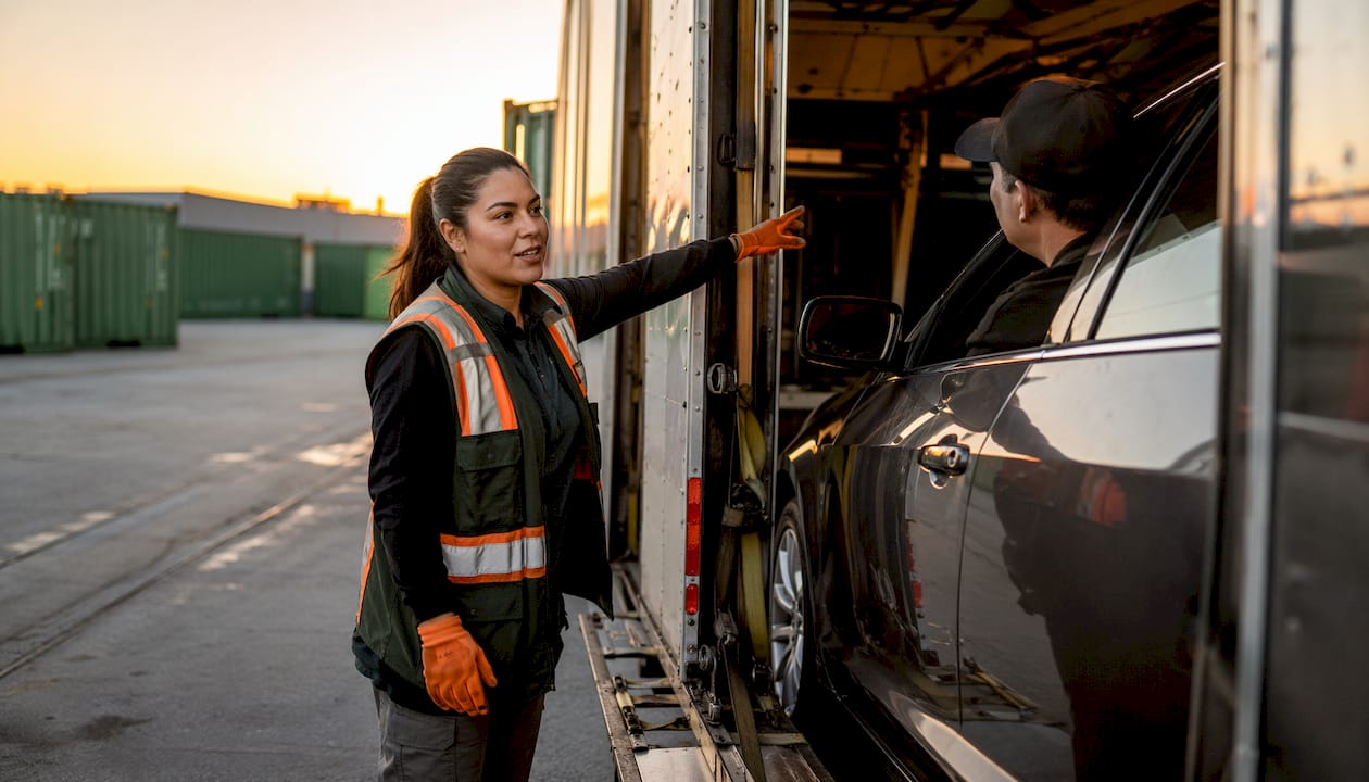 Woman overseeing car loading in warehouse
