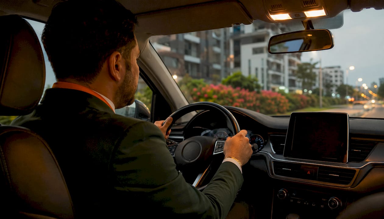 Inside licensed taxi with driver on road