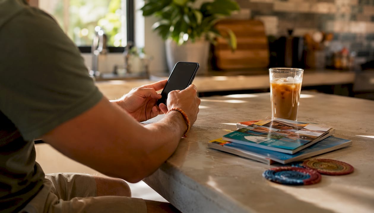 Hands using taxi app over café table