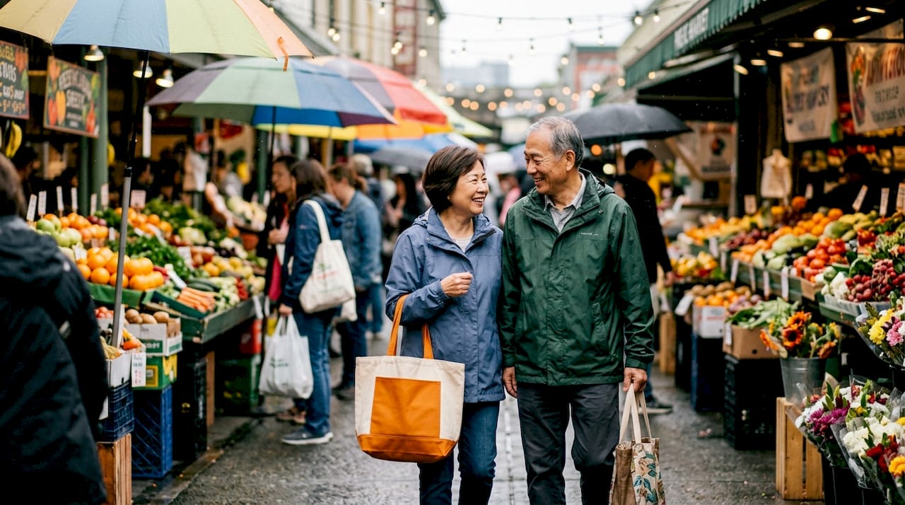Elderly couple exploring Seattle Pike Place Market