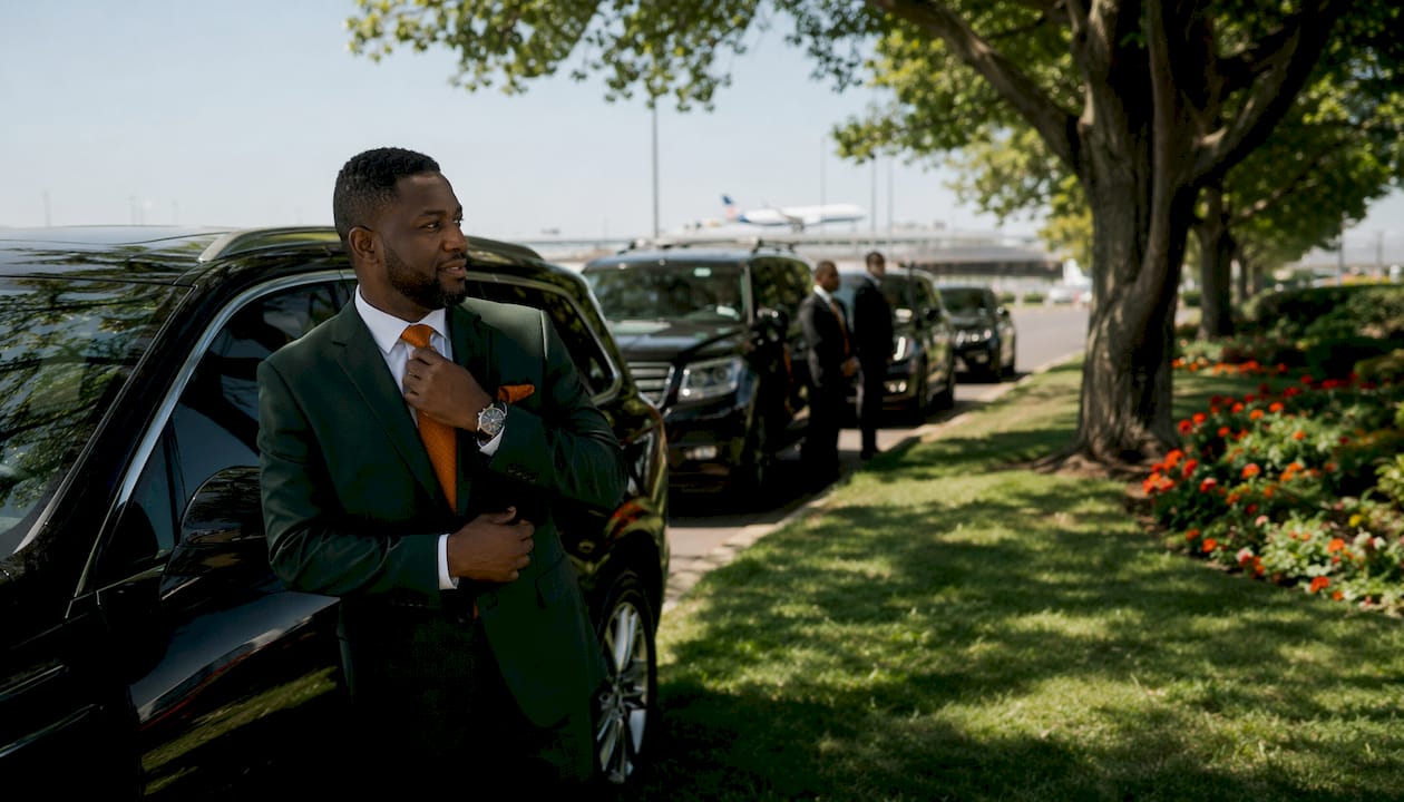 Lineup of private airport chauffeur vehicles and driver