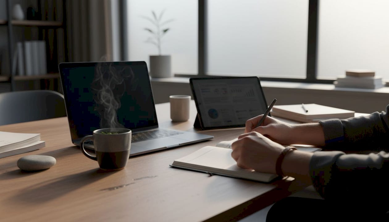 Hands writing notes amid finance software devices and papers