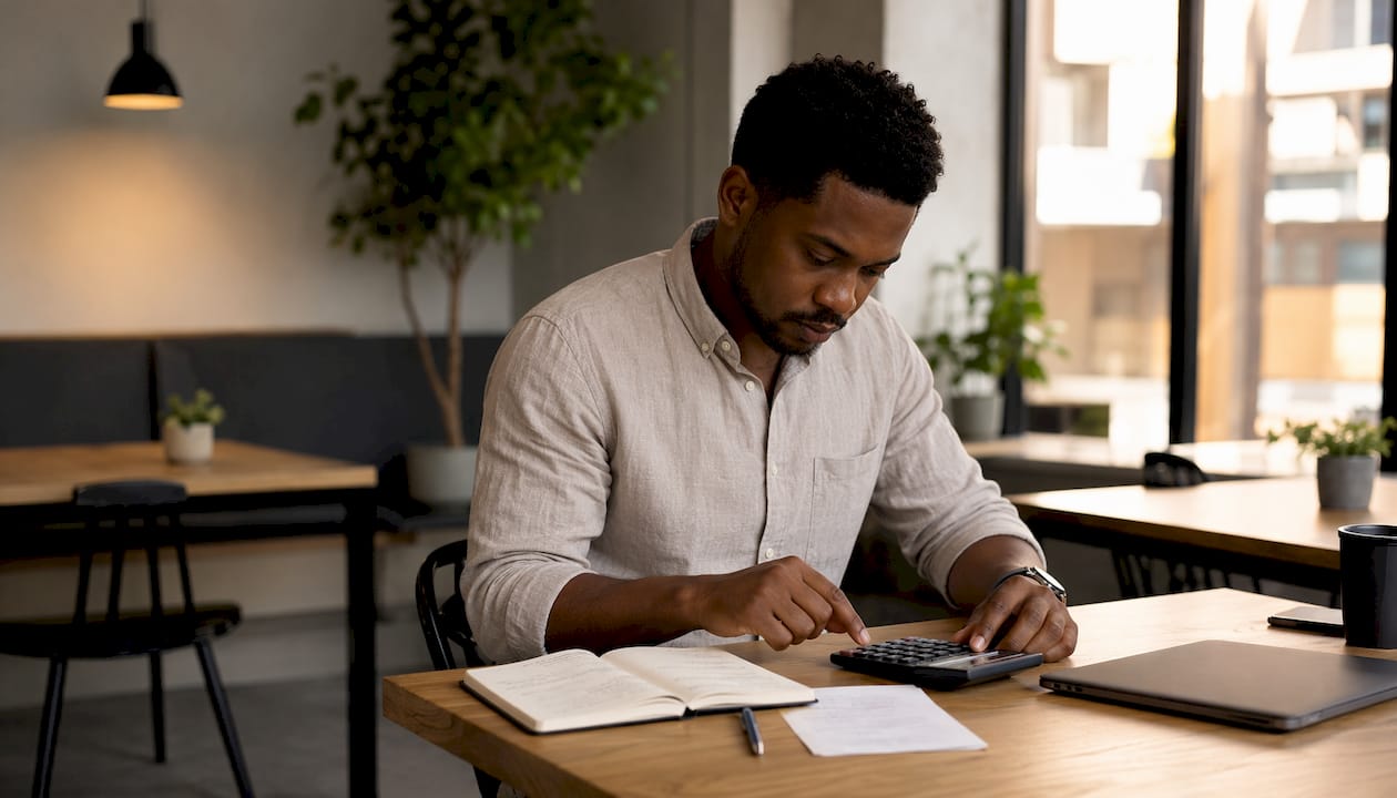 Man calculating bookkeeping fees at coworking desk