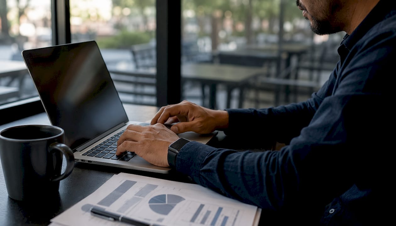 Hands typing on laptop with loan documents nearby