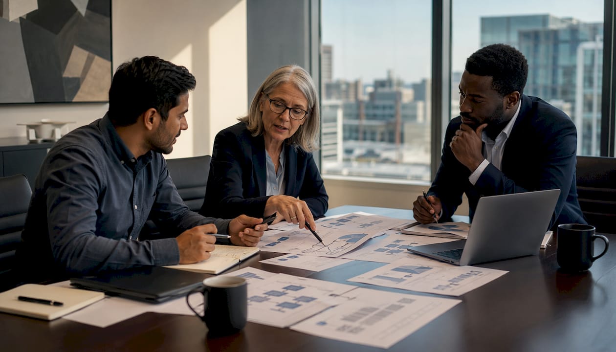 Hands pointing at AI finance integration documents