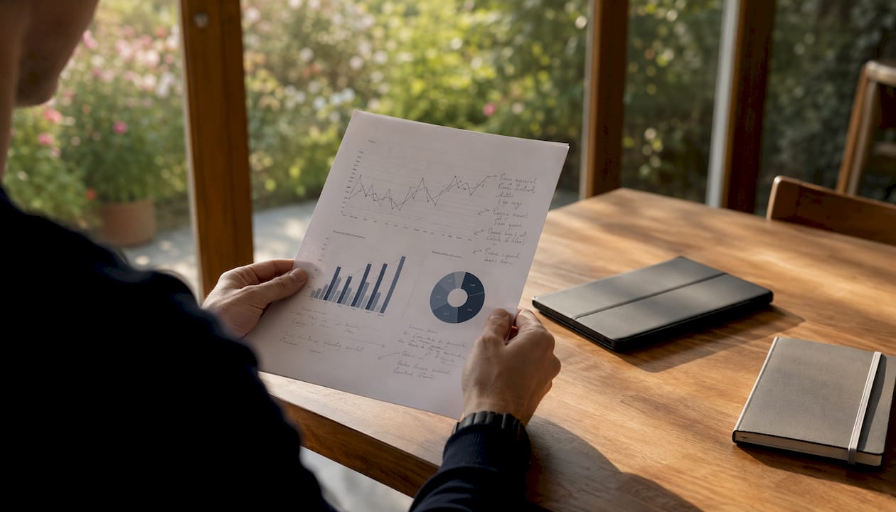Hands reviewing financial report in modern office