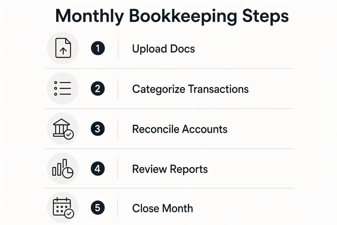 Infographic outlining monthly bookkeeping checklist steps
