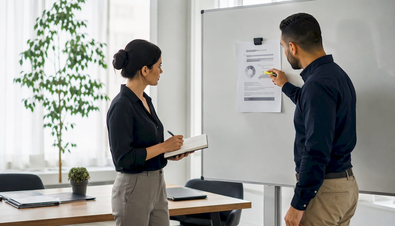 Two professionals reviewing executive summary document