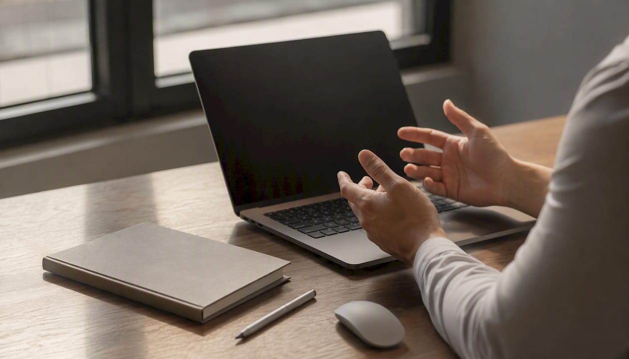 Hands gesturing over dark laptop in minimalist workspace