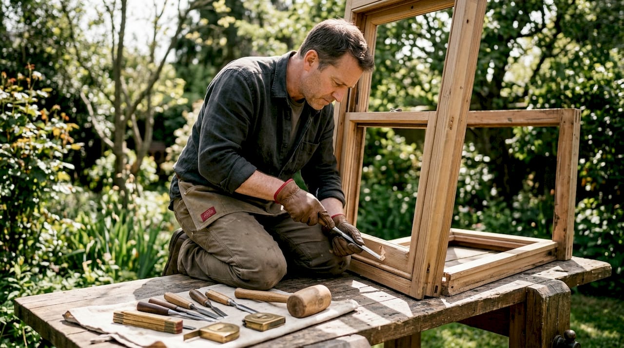 Hands installing sash with restoration tools close-up