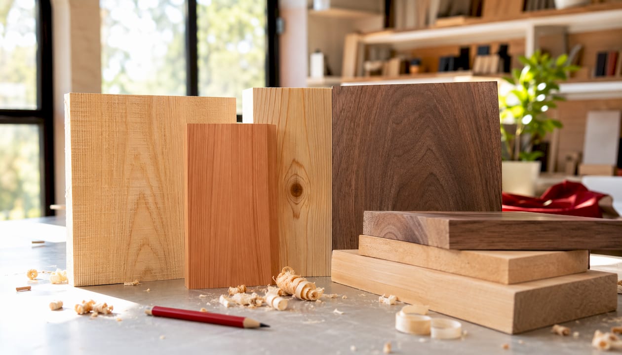 Close-up of different hardwood and softwood lumber samples