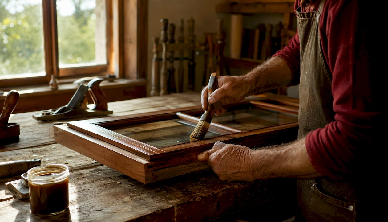 Hands cleaning mahogany window frame inside historic home