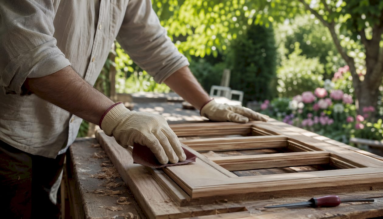 Hands sanding wooden window frame before finishing
