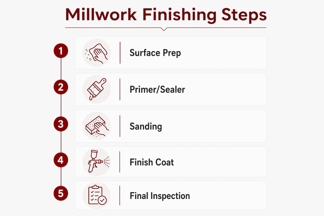 Infographic illustrating millwork finishing process steps