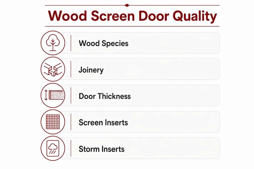 Infographic illustrating quality factors for wood screen doors