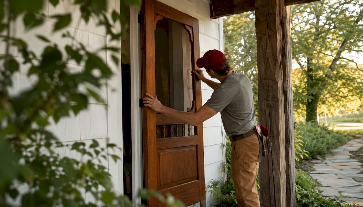 Hands installing mahogany screen door on porch