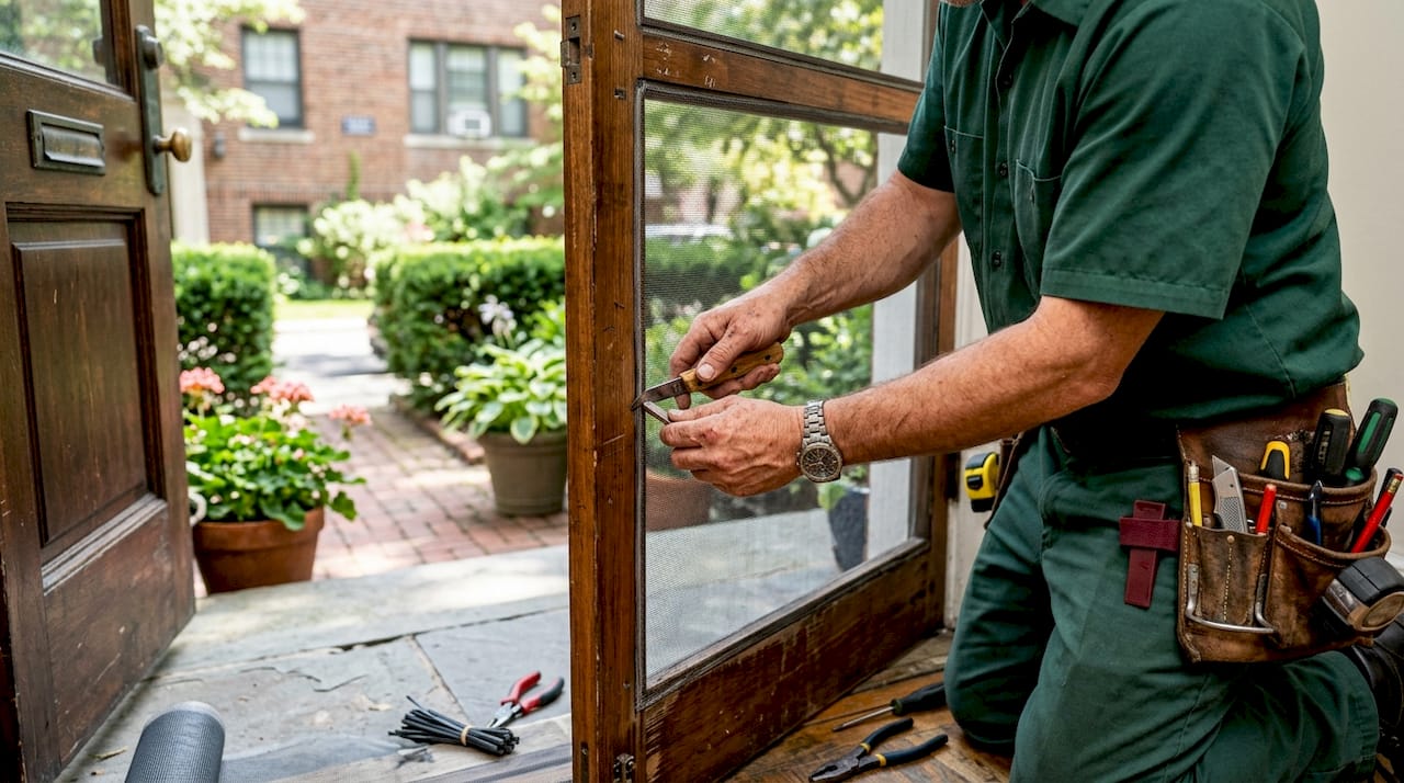 Screen door repair technician working outdoors