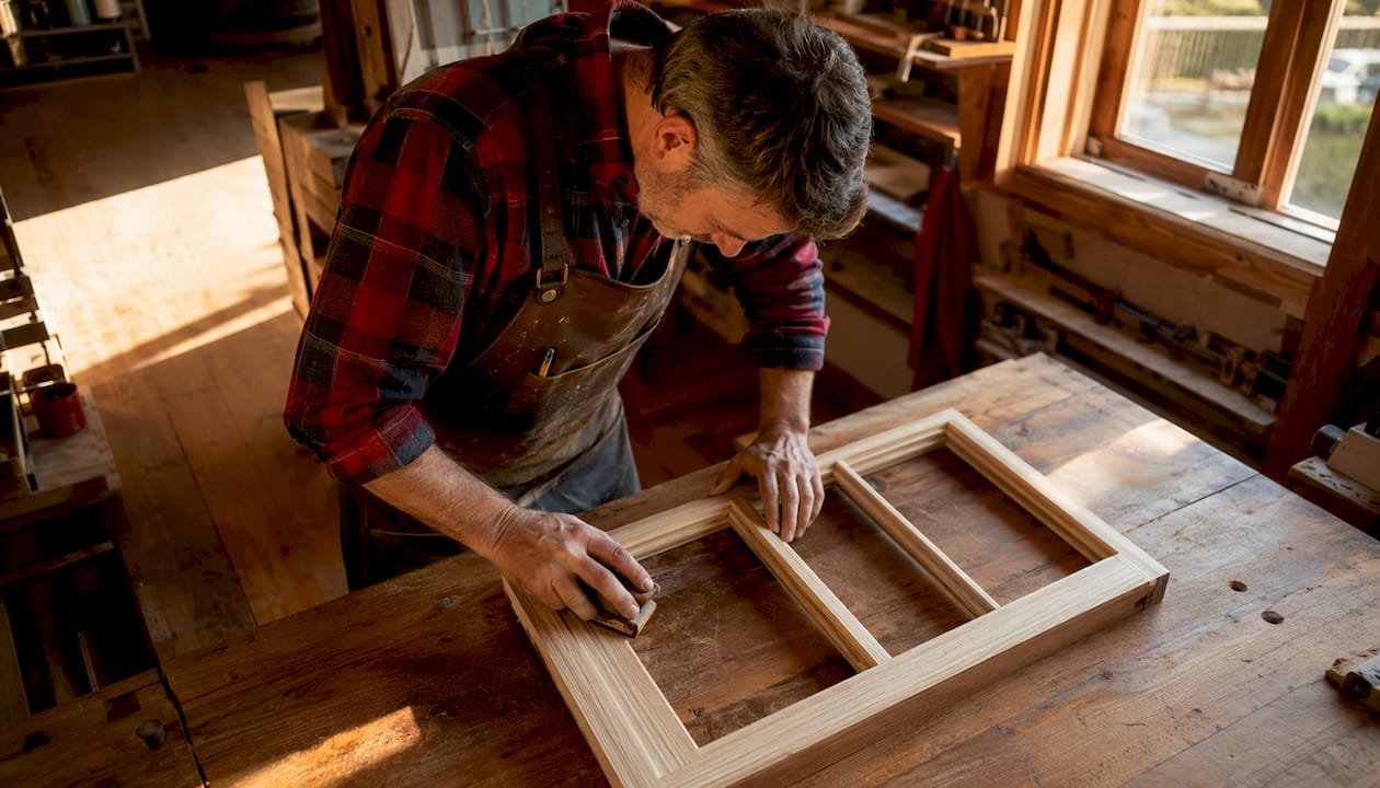 Craftsman sanding wooden window sash in workshop