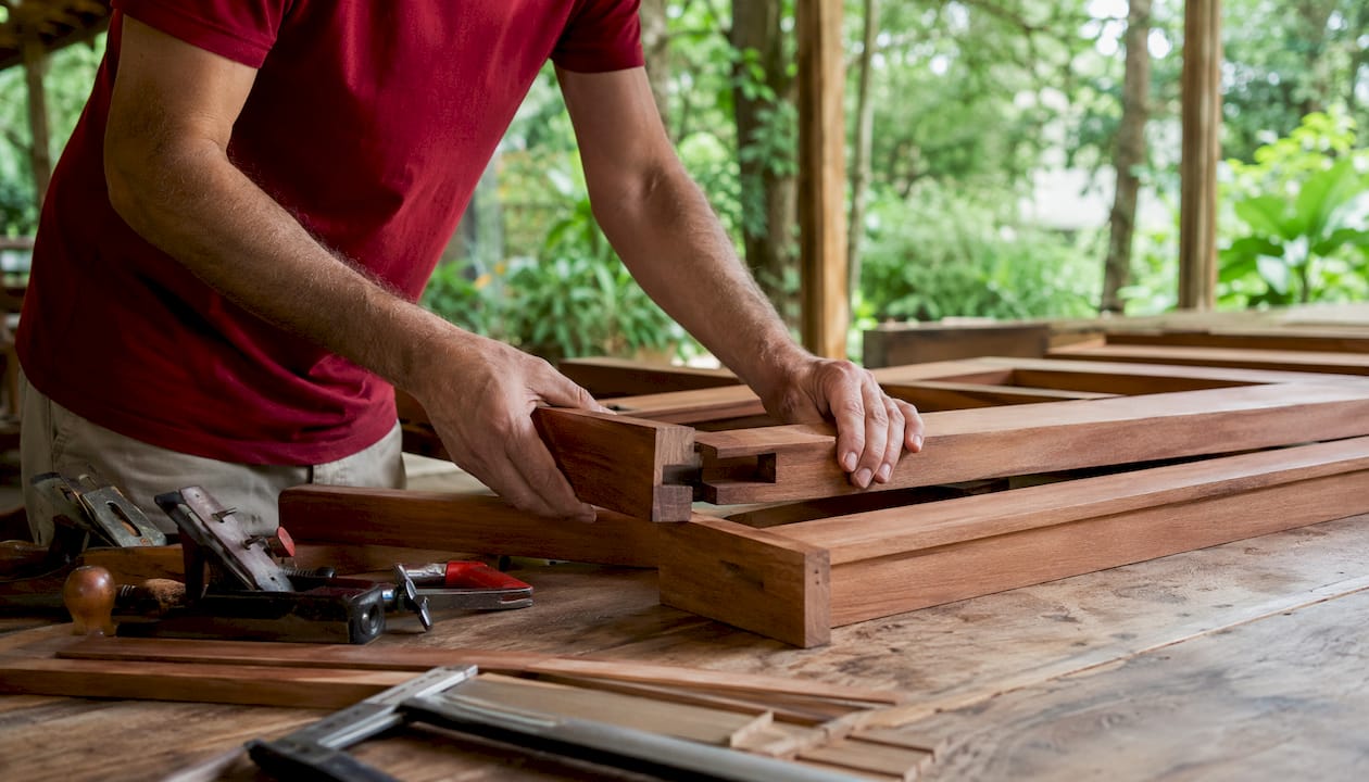 Hands assembling custom wooden door joinery